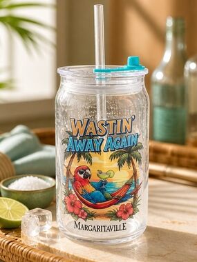 Margaritaville Clear Glass Tumbler with Clear Lid With Colorful Parrot Artwork